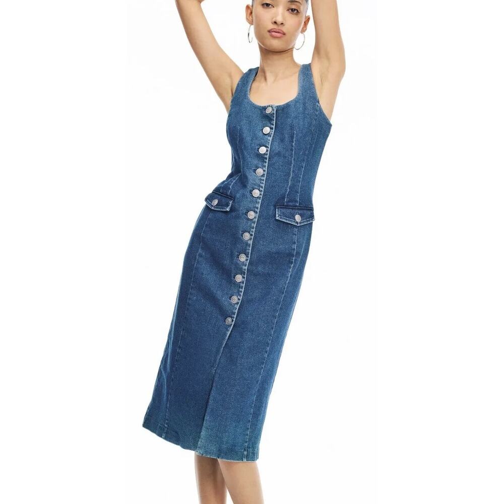 Toccin Button Front Dress Sleeveless Scoop Neck Midi Sheath Dark Denim Blue 6